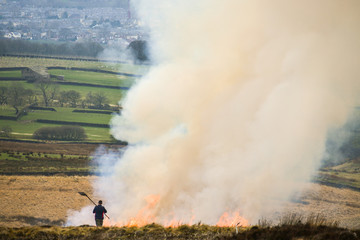 Fototapeta na wymiar Farmer beating fire to control burning of heather [4]