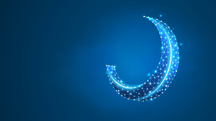 Crescent moon. Moon on dark blue night sky with stars. Night symbol. Muslim, Arabic, Ramadan sign concept. Abstract, digital, wireframe, low poly mesh, vector blue neon 3d illustration. Line, dot © dTosh