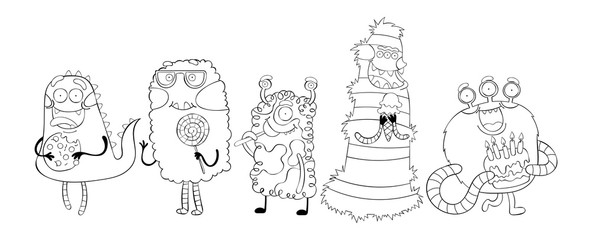 Fototapeta premium Monsters. Set. Isolated vector objects on white background. Black and white drawing.