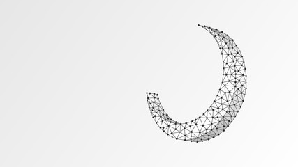 Crescent moon. Moon on dark blue night sky with stars. Night symbol. Muslim, Arabic, Ramadan sign concept. Abstract, digital, wireframe, low poly mesh, Raster white origami 3d illustration. Line, dot