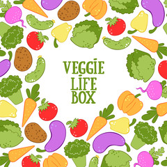 Veggie Life box. Vegetables. Broccoli, carrots, lettuce, tomato, cucumber, pumpkin, radish, potatoes, peppers, eggplant. Vector square frame.