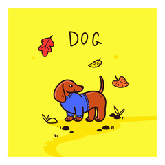 Good dachshund on walk. Autumn. Cartoon vector illustration for nursery, kids apparel, poster, postcard, pattern.