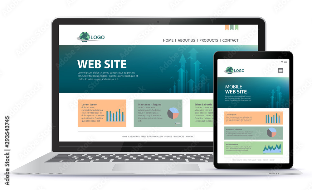 Poster responsive website design with laptop computer and tablet computer screen vector illustration.