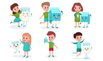 Fototapeta premium Set Of Six Funny Vector Illustrations With Children Drinking Milk Cartoon Characters
