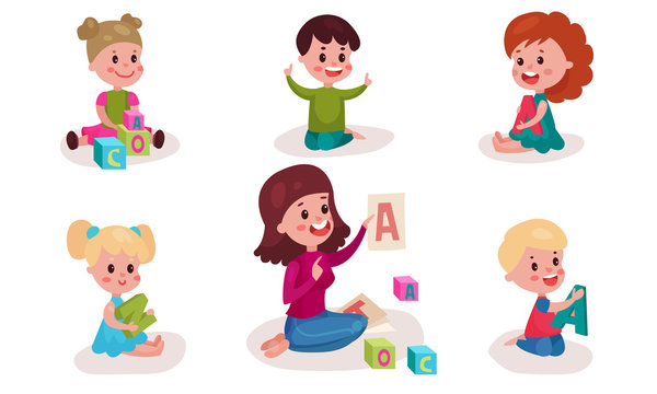 Set With Five Children Studying Alphabet And Nursery-Teacher Vector Illustrations