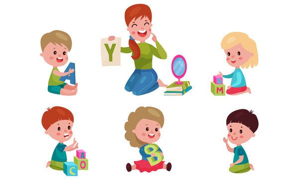 Set With Five Preschoolers Studying Alphabet With Nursery-Teacher Vector Illustrations Cartoon Characters