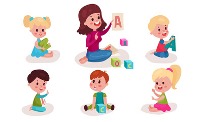 Set With Nursery-Teacher Showing To Preschoolers Big Letters Vector Illustrations Cartoon Characters