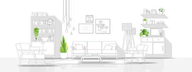 Interior design with modern living room in black line sketch on white background , vector , illustration