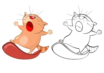 Fototapeten Illustration eines niedlichen Cartoon-Charakter-Katzen-Surfers für Sie Design und Computerspiel. Malbuch-Umriss-Set © liusa
