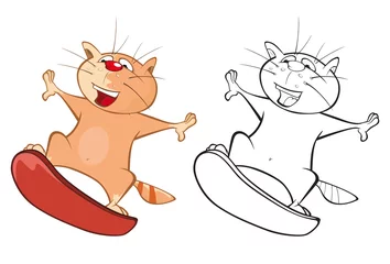 Gordijnen llustration of a Cute Cartoon Character Cat  Surfer for you Design and Computer Game. Coloring Book Outline Set © liusa