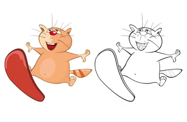 Deurstickers llustratie van een Cute Cartoon Character Cat Surfer voor jou ontwerp en computerspel. Kleurboek overzichtsset © liusa