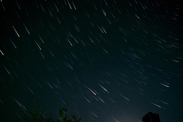 Long exposure star trails. Night sky movement. Astro photography concept.