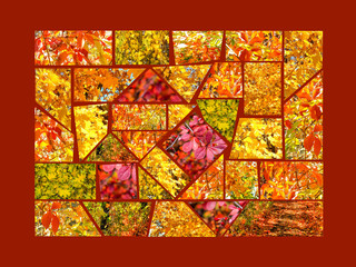 Abstract design mosaic made up of colorful autumn pictures on terracotta color background. Photo collage, decorative colorful pano 