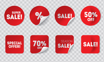 Realistic sale red stickers with shadows isolated on transparency background