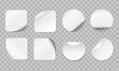 Blank round adhesive stickers mock up with curved corner.