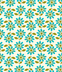 Fototapeta premium Japanese Blue Flower and Green Leaf Seamless Pattern