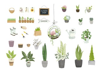 Big garden set for floral design flowers shops, greenhouses, showcases, cultivating home garden. Vector illustration plants, flowers pots, gardening tools, terrarium plant in vintage flat style.