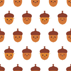 Cute vector seamless pattern background with different cartoon acorn characters for autumn, fall design. © cosmic_pony