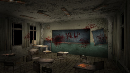 Obraz premium horror and creepy classroom in the school with text help blood. 3D rendering