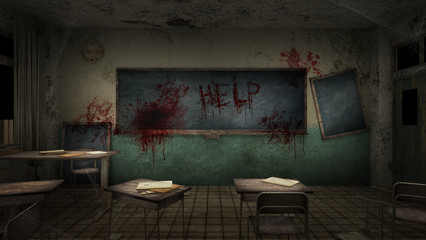 horror and creepy classroom in the school with text help blood. 3D rendering
