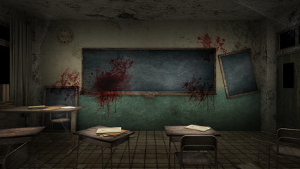 Fototapeta na wymiar horror and creepy classroom in the school with blood. 3D rendering