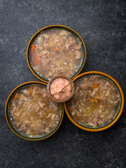 National cuisine. Russian traditional dish - Holodets or aspic meat jelly . Homemade jellied meat with garlic and spices garnished with mustard Best food for Russian vodka.