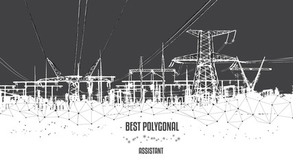 Obraz premium Electric Towers low poly business concept. Finance economy polygonal Production and transportation of electricity.Black-and-white illustration. Low poly.