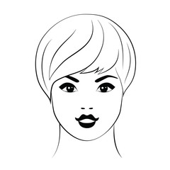 Woman  young beautiful face, black outline on white background