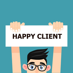 The man who holds the table on which is written Happy client is depicted on a blue background.