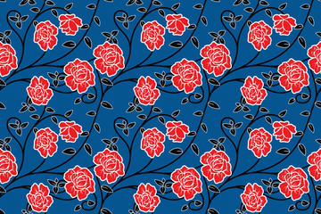 Seamless pattern with floral Illustration, Indonesian batik motif,  rose vector art