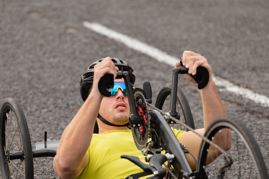 Man cycling on recumbent bicycle