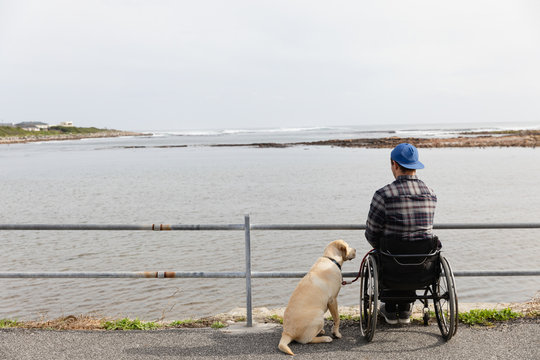 Disabled man in a wheelchair enjoying a day out