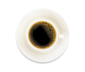 Top view hot fresh black coffee in a white cup with white plate isolated on white background. Clipping path. flat lay