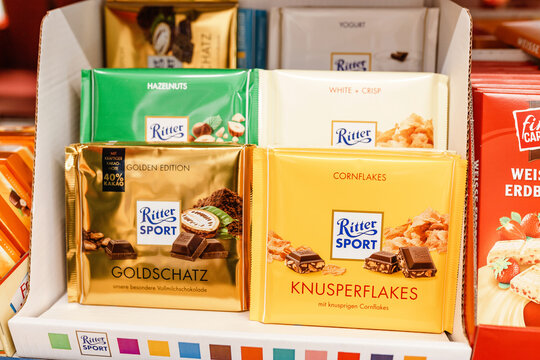 LEIPZIG, GERMANY - MAY 21, 2018: ritter sport at supermarket shelf display
