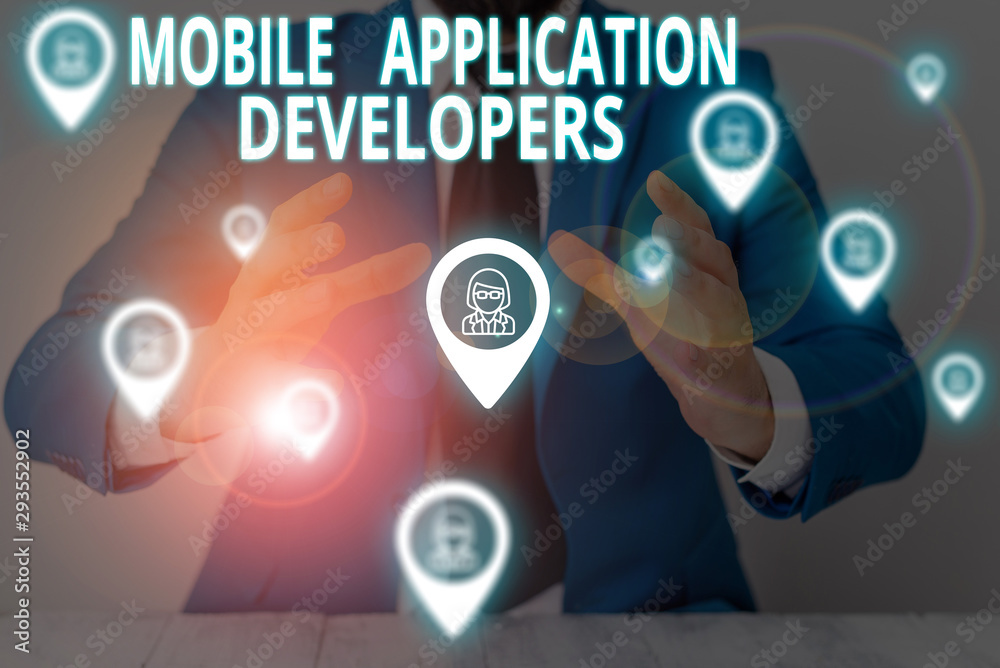 Poster conceptual hand writing showing mobile application developers. concept meaning create software for d