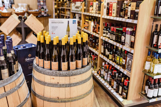 22 MAY 2018, LEIPZIG, GERMANY: wine for sale on the shelves in supermarket