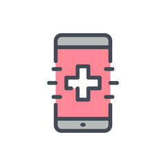 Obraz premium Online first aid service color line icon. Smartphone with medical support vector outline colorful sign.