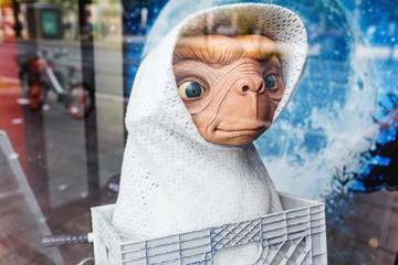 17 MAY 2018, BERLIN, GERMANY: Funny Wax sculpture of the alien creature from E.T. the Extra-Terrestrial movie
