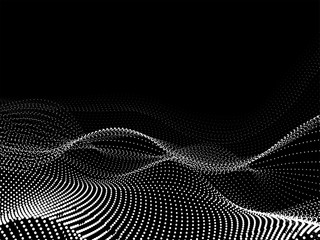 3D abstract digital wavy particles on black background.