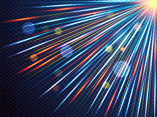 Futuristic speed lines with flare bokeh effect, motion background.