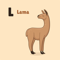 Cartoon lama, cute character for children. Good illustration in cartoon style for abc book, poster, postcard. Animal alphabet - letter L.