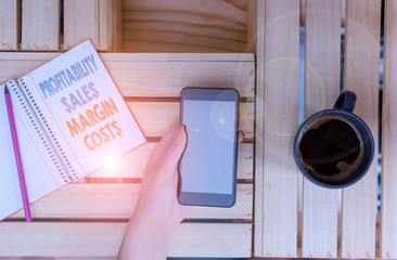 Naklejka premium Word writing text Profitability Sales Margin Costs. Business photo showcasing Business incomes revenues Budget earnings woman computer smartphone drink mug office supplies technological devices