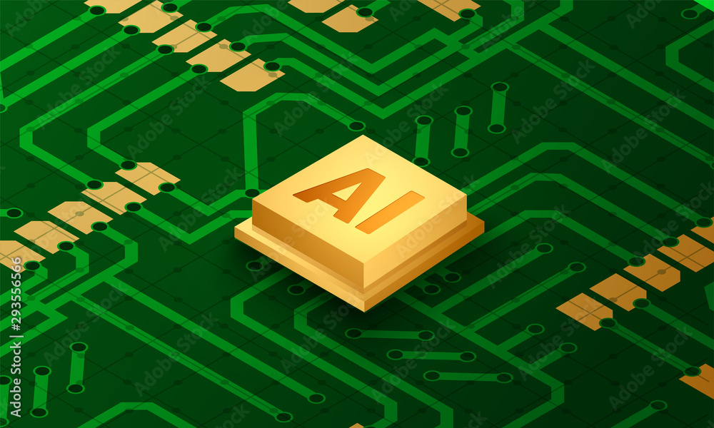 Sticker Artificial intelligence (AI) chip is inserted on computer circuit board. Machine learning concept.