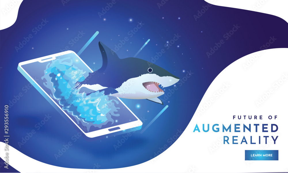 Canvas Prints future of augmented reality (ar), isometric illustration of shark on smartphone screen on shiny blue