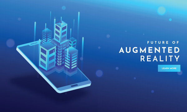 Skyscrapers illustration on smartphone screen with abstract elements on shiny blue background for Augmented Reality (AR) concept.