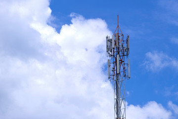 Telecommunication telephone signal transmission tower with beautiful blue sky background