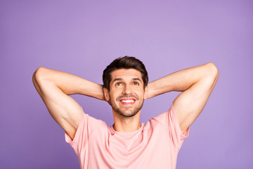 Fototapeta na wymiar Close-up portrait of his he nice attractive lovely cheerful cheery bearded brunet guy wearing pink tshirt spending time resting isolated on violet purple lilac pastel color background