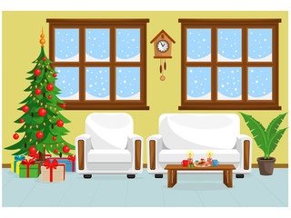 Vector illustration of a Christmas room with a Christmas tree, furniture, a window and a cozy holiday atmosphere.