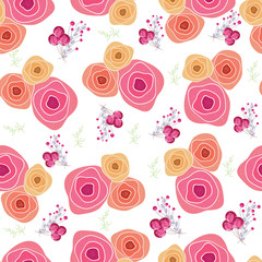 Pink and yellow rose flower decorated seamless pattern background in flat style.