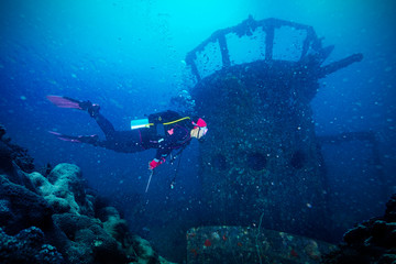 Fototapeta na wymiar Divers and Marine shipwreck